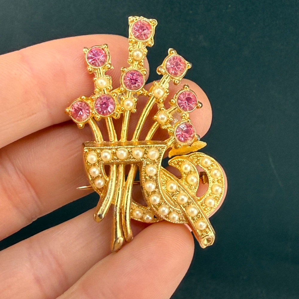 Vintage Estate Brooch Pink Rhinestone Imitation Pearl Gold Tone Flower Bouquet